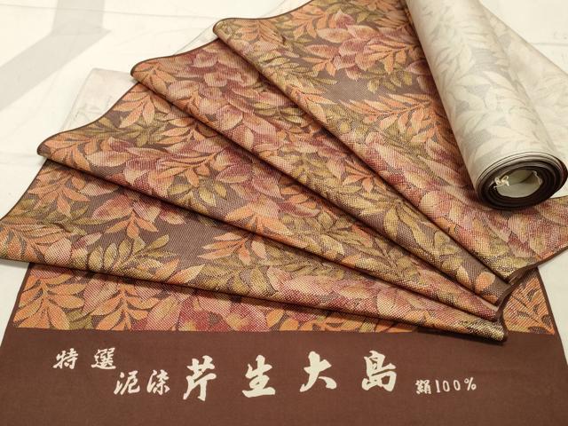 平和屋着物▼芹生大島紬　反物　着尺　泥染　草葉文　逸品　未使用　DAAX6860zy