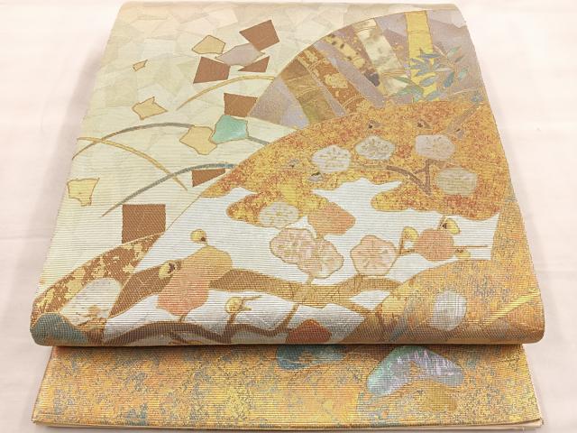 平和屋着物●太鼓柄袋帯　螺鈿箔　松竹梅地紙文　金彩　正絹　逸品　BAAL6285ea