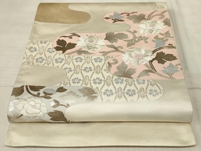 平和屋着物◎太鼓柄袋帯　駒刺繍　霞取り花文　銀糸　銀彩　引箔　正絹　逸品　AAAQ1481sx(4)