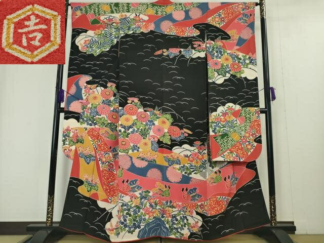 平和屋本店■極上 和染紅型 栗山紅型 栗山吉三郎 振袖 舞蝶花文 鬼しぼ縮緬 黒地 逸品 DZAA4990kh5