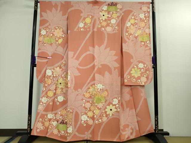 【希少】 セミアンティーク　千總の引き振袖　金駒刺繍　着物 最高級古典柄振袖 千總/最高級金彩刺繍手描京友禅 ピンク/水色 御所車