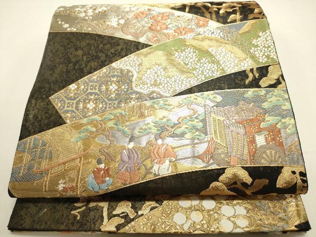 平和屋着物●六通柄袋帯　唐織　人物風景花文　黒地　金銀糸　正絹　逸品　DAAZ2374op