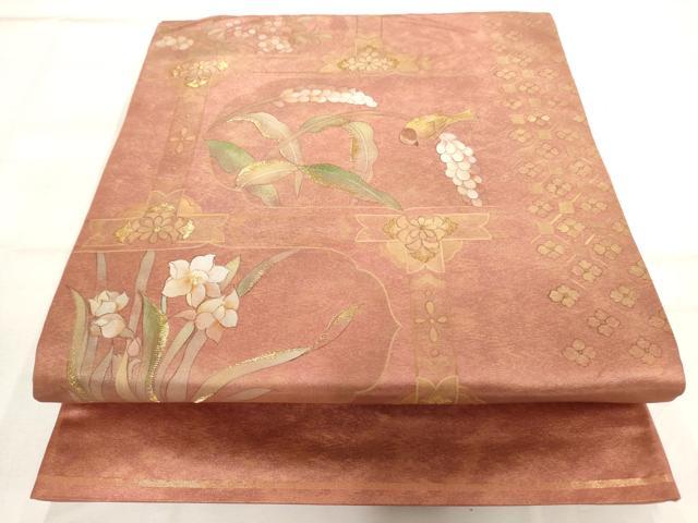 平和屋着物◎六通太鼓柄袋帯　手描き　屏風花鳥文　金糸　正絹　逸品　AAAO1076jz