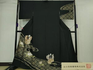 平和屋本店■極上 山口静樹 山口美術織物 訪問着 御衣 錦繍 刺繍 人物 草花 黒地 金糸 冊子付き 逸品 DZAA4995kh5