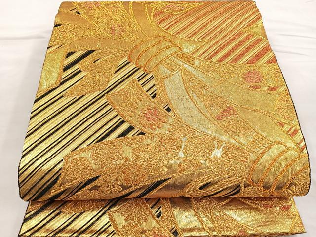 平和屋着物●佐賀錦　六通柄袋帯　束ね熨斗花文　金糸　正絹　逸品　BAAM2724ea