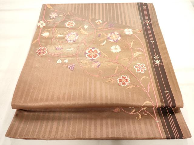 平和屋着物◎六通太鼓柄袋帯　草花文　金糸　引箔　正絹　逸品　AAAO3136jz