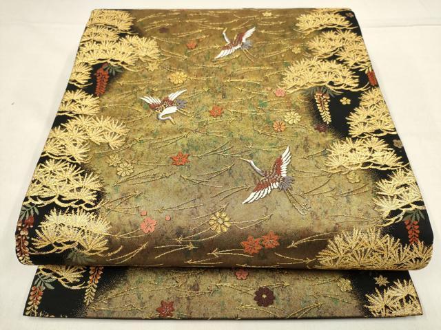 平和屋着物▼六通柄袋帯　飛鶴松花文　黒地　金糸　引箔　正絹　逸品　AABF7548wj