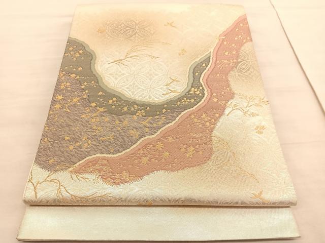 平和屋着物◎太鼓柄袋帯　箔散らし道長花鳥文　金糸　引箔　正絹　逸品　BAAV3956hv