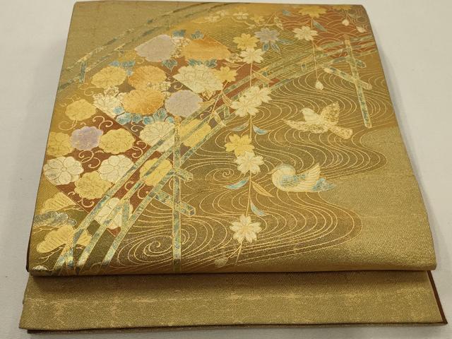 平和屋着物◎六通太鼓柄袋帯　渡橋花鳥文　金糸　金彩　正絹　逸品　AAAO7140ou