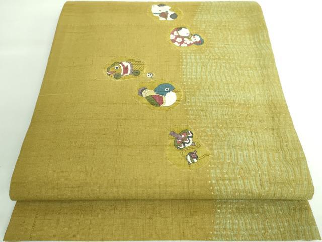 平和屋本店■極上　十日町　名門青柳謹製　奇翠工房　赤城紬　草木染　太鼓柄袋帯　木目絞り　玩具　梅幸茶色地　逸品　DZAA6252kh5