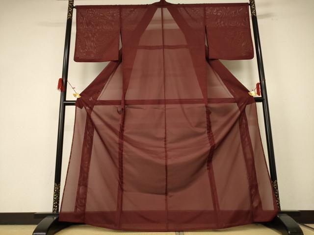 平和屋着物＊夏物 色無地 絽 栗皮茶色 ロング丈 洗える着物 AABE7453jd