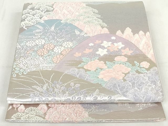 平和屋着物◎六通柄袋帯 唐織 遠山草花文 銀糸 正絹 逸品 AAAJ6170Aru