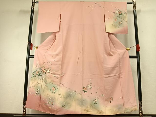 平和屋着物●訪問着 友禅 枝花文 暈し染め 金銀彩 正絹 逸品 AABE1983fy