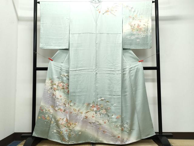 平和屋着物●訪問着　扇面糸巻き飛鶴草花文　暈し染め　金彩　正絹　逸品　CAAY3053vf