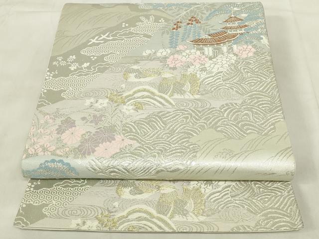 平和屋着物◎六通柄袋帯　唐織　風景文　金銀糸　正絹　逸品　DABA5815qp