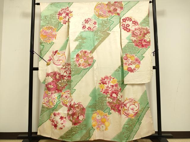 乐天商城 - 平和屋着物■豪華振袖　駒刺繍　流水花文　金銀彩　正絹　逸品　DABB9847du