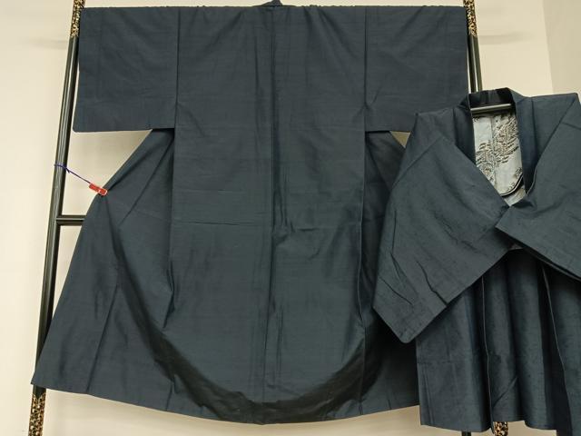 平和屋着物●男性 紬 アンサンブル 色無地 鉄紺色 正絹 逸品 AAAU8261zg