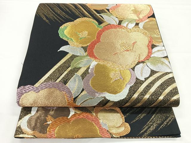 平和屋着物◎六通柄袋帯　草花文　椿　黒地　金銀糸　正絹　逸品　CAAZ7350nb
