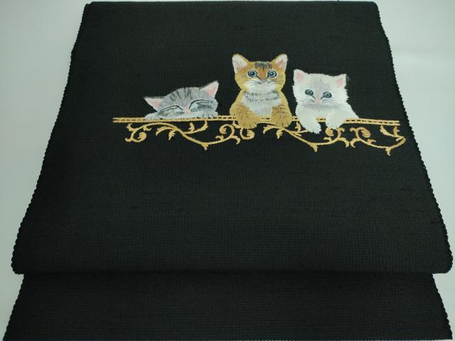 平和屋本店■極上 八寸名古屋帯 手刺繍 総刺繍 猫 黒地 逸品 DZAA5473kh5