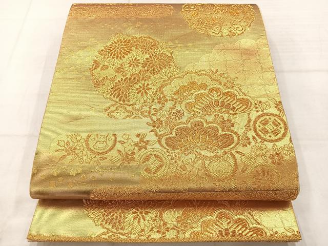 平和屋着物◎六通柄袋帯　エ霞花丸文　金糸　正絹　逸品　AABC9140uk