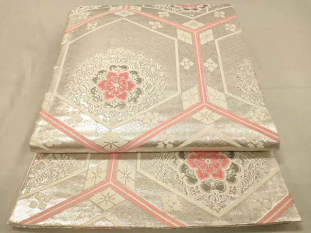平和屋着物◎六通柄袋帯　唐織　亀甲正倉院花文　銀糸　正絹　逸品　DABA2068jm