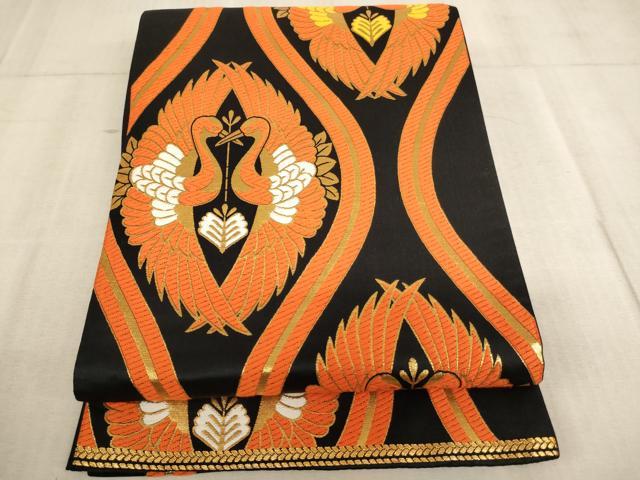 平和屋着物∵子供 全通柄袋帯 唐織 立涌向い鶴文 黒地 金糸 未使用 AABE2170ja