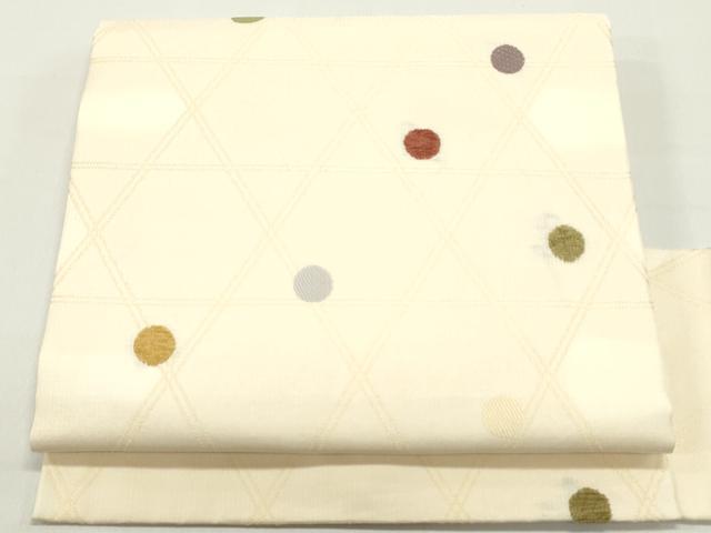 平和屋着物●九寸名古屋帯　唐織　菱丸文　薄卵色　正絹　逸品　DAAY0083ob