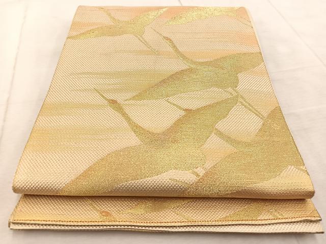 平和屋着物◎六通柄袋帯　群鶴　金糸　正絹　逸品　BAAV6857yc