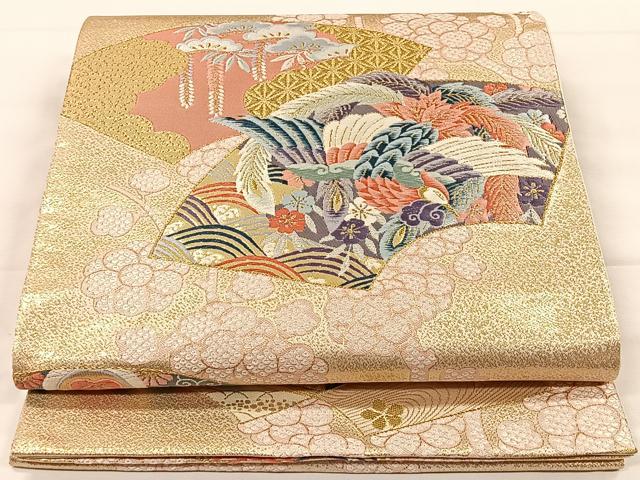 平和屋着物◎六通柄袋帯　唐織　扇面取鳳凰文　金糸　正絹　逸品　CAAX2934id