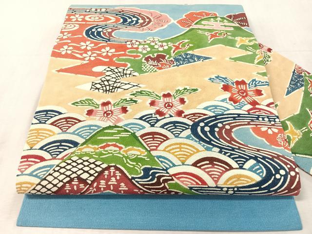 平和屋着物●九寸名古屋帯　型染め　飛鶴風景花文　正絹　逸品　CABL0397vp