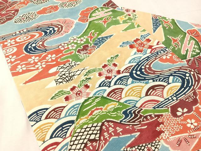 平和屋の平和屋着物●九寸名古屋帯　型染め　飛鶴風景花文　正絹　逸品　CABL0397vp｜アングル2