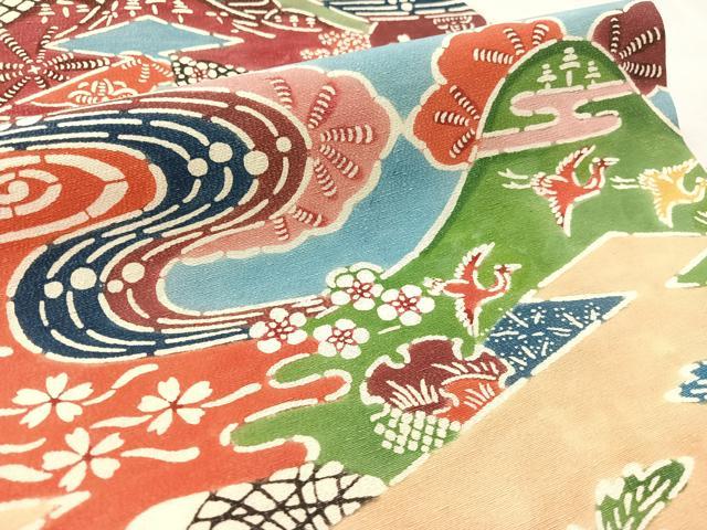 平和屋の平和屋着物●九寸名古屋帯　型染め　飛鶴風景花文　正絹　逸品　CABL0397vp｜アングル3