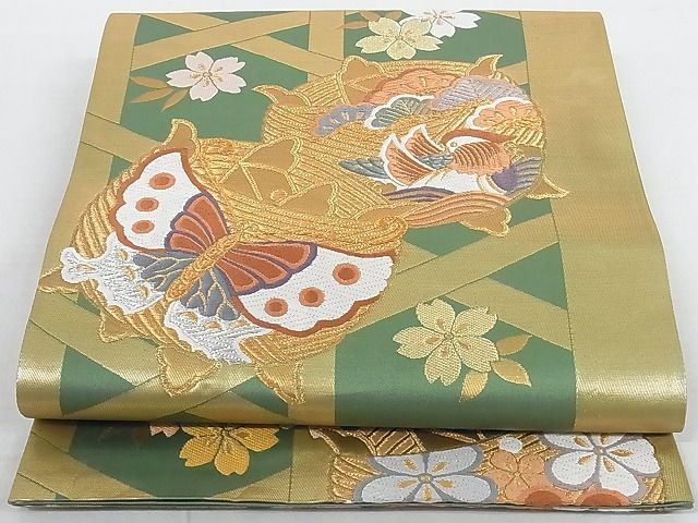 平和屋着物◎六通柄袋帯 唐織 鴛鴦花蝶文 金糸 正絹 逸品 AAAI1656Abw