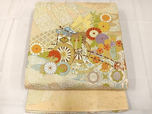 平和屋着物◎六通柄袋帯 唐織 流水御所車花文 金糸 正絹 逸品 AAAK5039Bdt 平和屋着物◎六通柄袋帯 唐織 流水御所車花文 金糸 正絹 逸品 AAAK5039Bdt