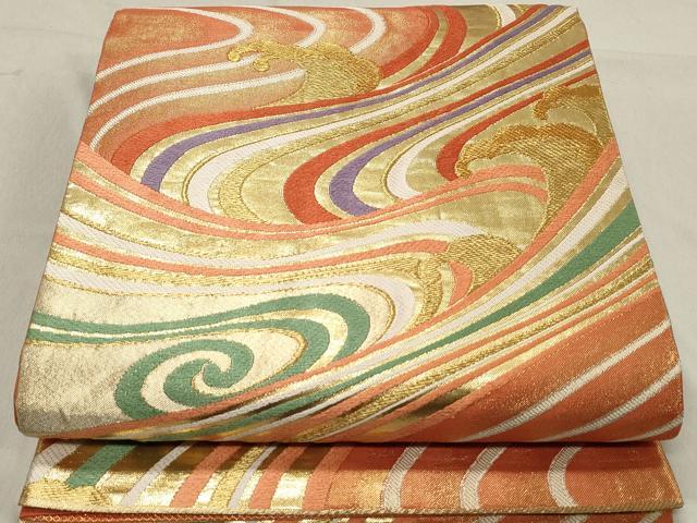 平和屋着物◎六通柄袋帯　唐織　流水文　金糸　正絹　逸品　DABA3398qa