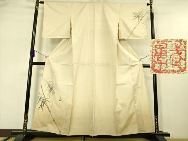 平和屋本店■極上　伝統工芸士　曽根武勇　訪問着　紬地　単衣　笹竹に雀　手描き　暈し染め　金通し地　逸品　未使用　DZAA5553kh5