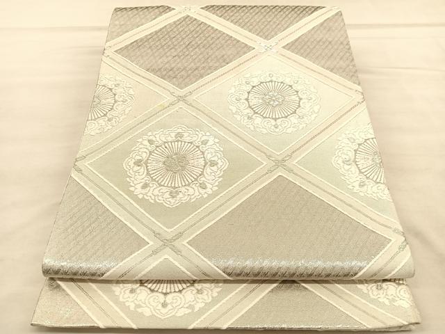 平和屋着物◎六通柄袋帯　唐織　菱天井花文　九百白眉錦　銀糸　正絹　逸品　BAAU8137hv