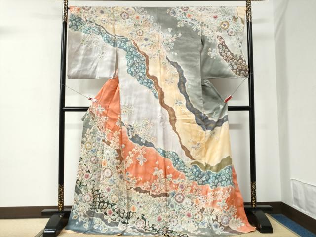 Rakuten - 平和屋着物●越後十日町の一流染匠　桐屋・翠山工房　訪問着　辻が花　絞り　暈し染め　銀通し地　仮絵羽　逸品　未使用　CABC7153yc