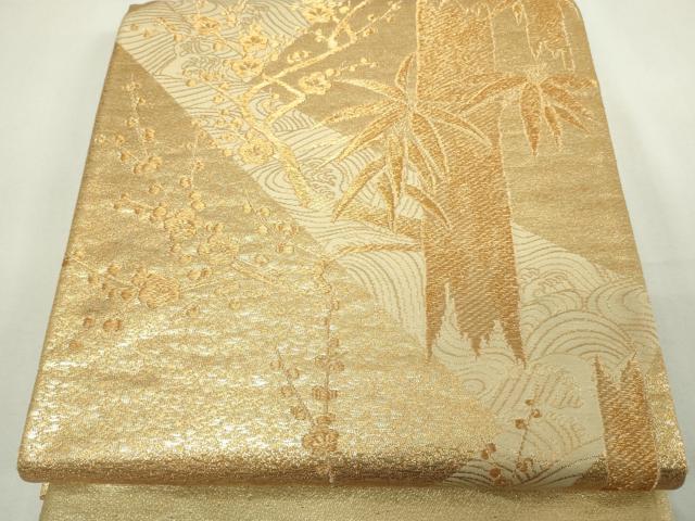 平和屋着物◎西陣　六通柄袋帯　笹竹枝梅文　金糸　証紙付き　正絹　逸品　未使用　DAAY7769sf
