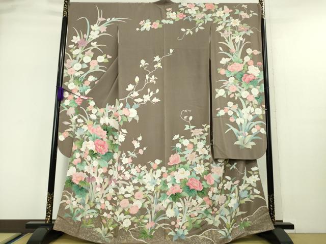 平和屋本店■極上 振袖 友禅 四季花文 紫鼠色地 金彩 逸品 DZAA5573kh5