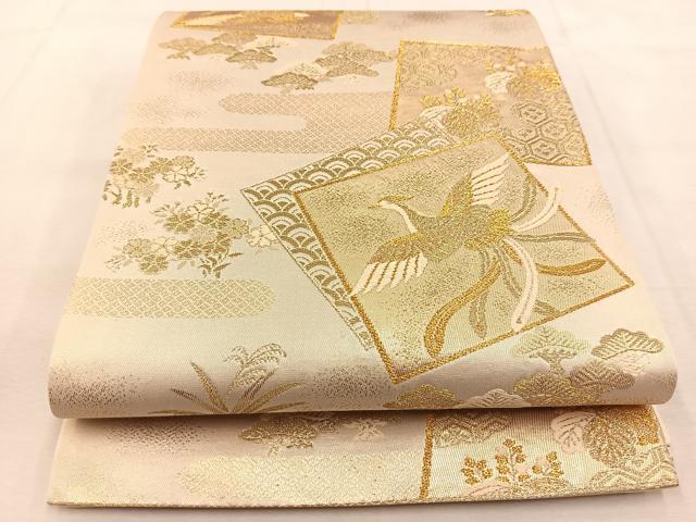 平和屋着物◎六通柄袋帯　唐織　色紙重ね鳳凰花文　金糸　正絹　逸品　BAAU2840yc