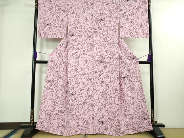 Full-Length Under-Kimono - 平和屋本店●極上　小紋　蜘蛛　蜘蛛の巣　薔薇　バラ　撫子色　縮緬地　逸品　未使用　DZAB4016kh6
