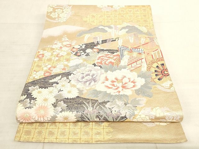 平和屋着物◎六通柄袋帯　唐織　流水御所車花文　金糸　正絹　逸品　AAAJ5875Apf