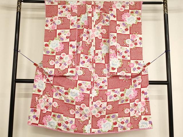 平和屋着物[]七五三 女の子 7歳 祝着 四つ身 JAPAN STYLE 市松花文 鬼しぼ縮緬 洗える着物 AABI2644ja