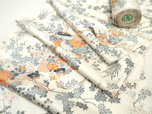 平和屋着物▼小紋　反物　着尺　檜扇草花文　逸品　未使用　DABB5992zy