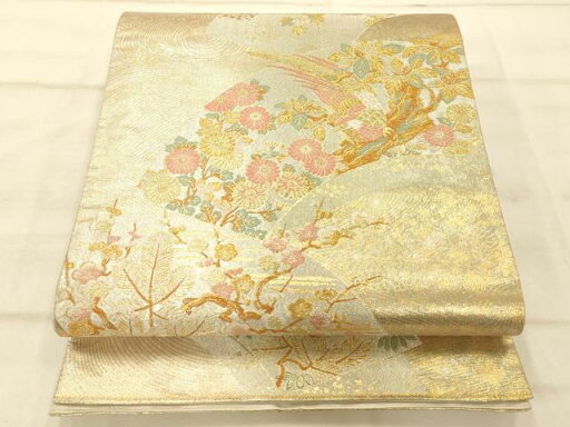 平和屋着物◎六通柄袋帯 唐織 地紙花鳥文 梅 楓 金糸 引箔 正絹 逸品 AAAP6108fw 平和屋着物◎六通柄袋帯 唐織 地紙花鳥文 梅 楓 金糸 引箔 正絹 逸品 AAAP6108fw