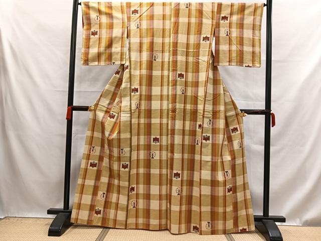 平和屋着物■上質な紬　格子糸巻文　正絹　逸品　AABB0908uw