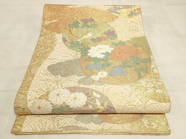平和屋着物◎佐賀錦　六通柄袋帯　唐織　雲取り花鳥丸文　金糸　正絹　逸品　AAAL0750Apf