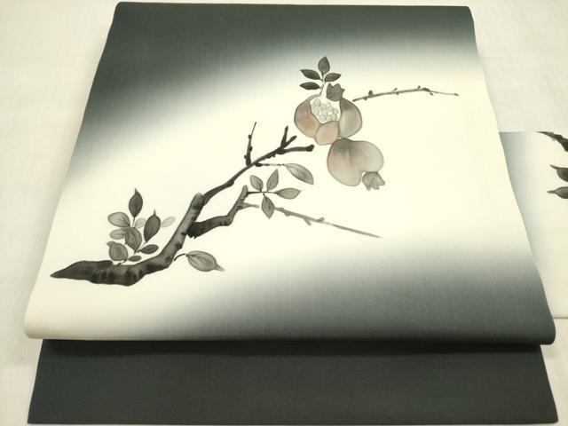 平和屋着物●塩瀬　九寸名古屋帯　手描き　五泉　枝花　反端付き　正絹　逸品　DABB7556op