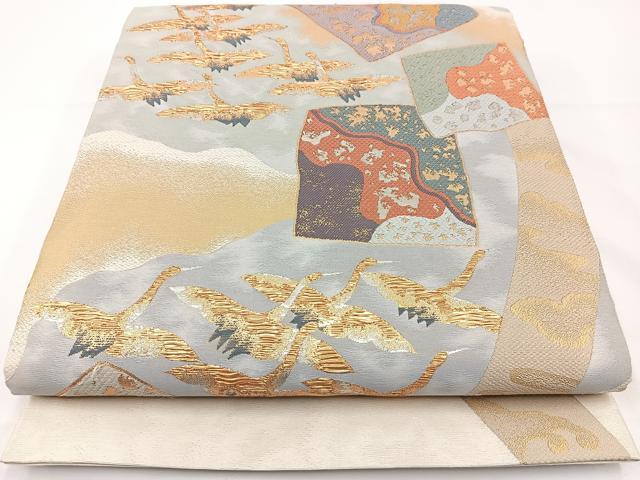 平和屋着物◎六通柄袋帯 唐織 しょうはく 飛翔鶴色紙散らし文 金銀糸 正絹 逸品 BAAR9703cm